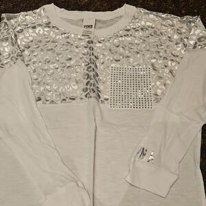 PINK Victoria's Secret Silver and White Long Sleeve Tee